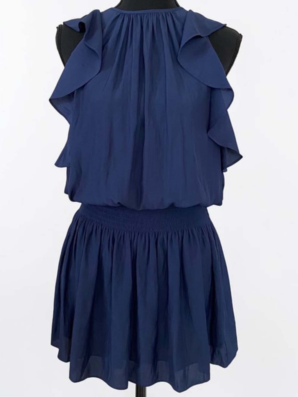 Ramy Brook Rembi Navy Ruffle Cold-Shoulder Smoked Waist Mini Dress NWT $425 - Picture 9 of 10